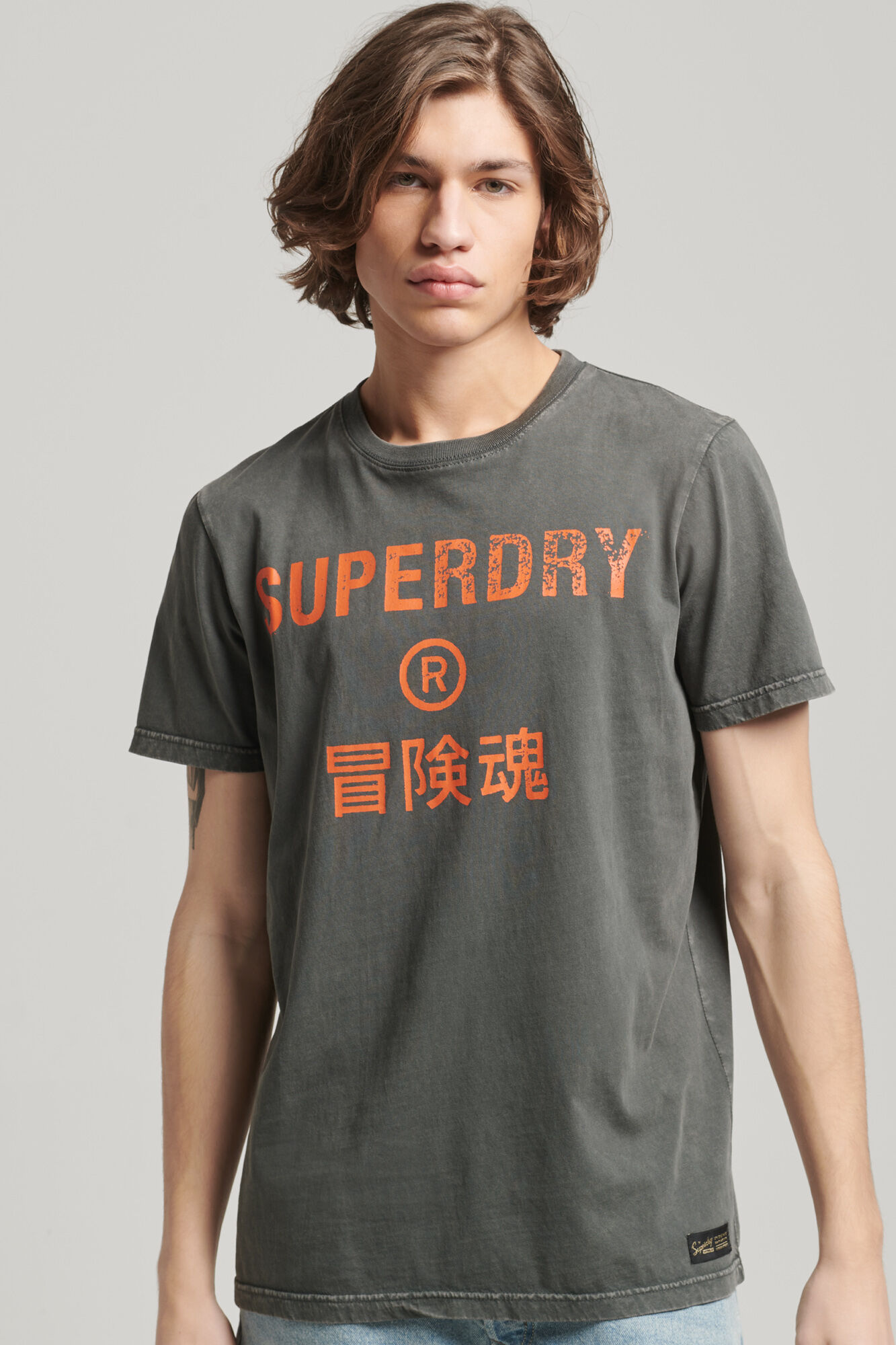 Camiseta Vintage com Logotipo Corporativo - Cáqui Escuro