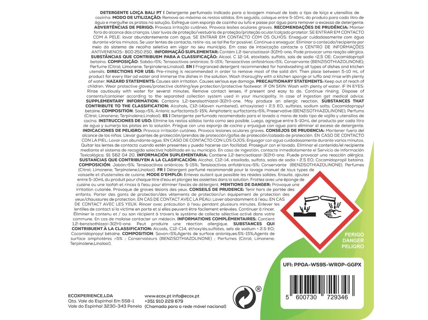 DETERGENTE LOIÇA MANUAL ECOX BALI 850ML