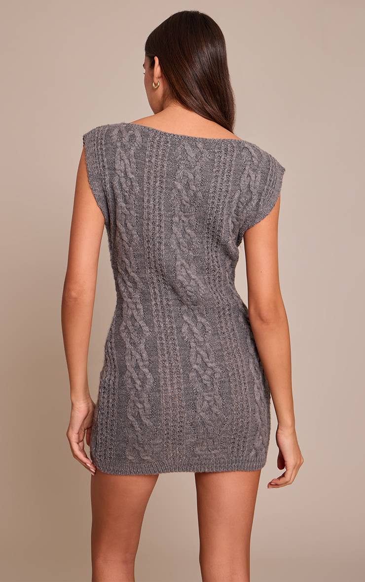 Gris Robe Courte Mini En Maille Torsadée À Manches Courtes