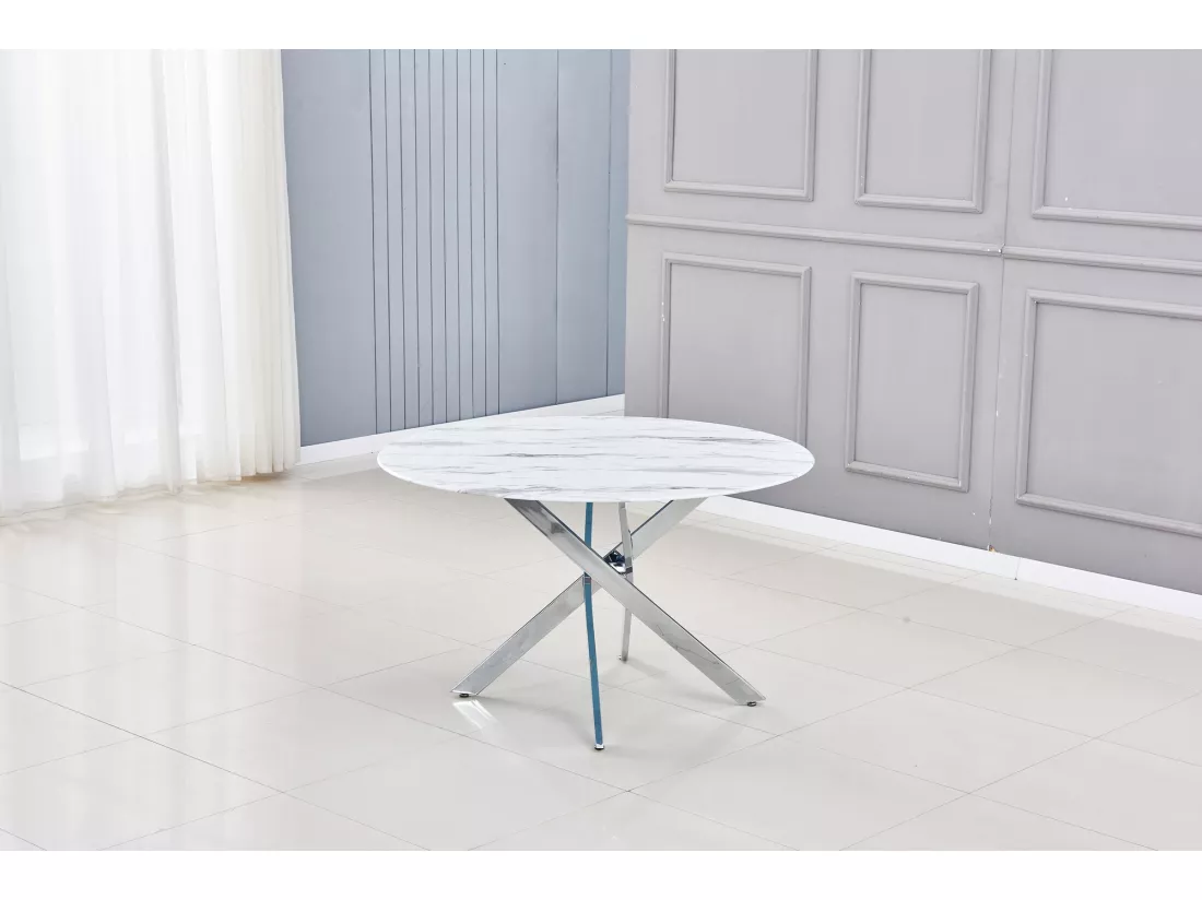 Table a manger ronde jessica chrome verre effet marbré blanc 120x75cm