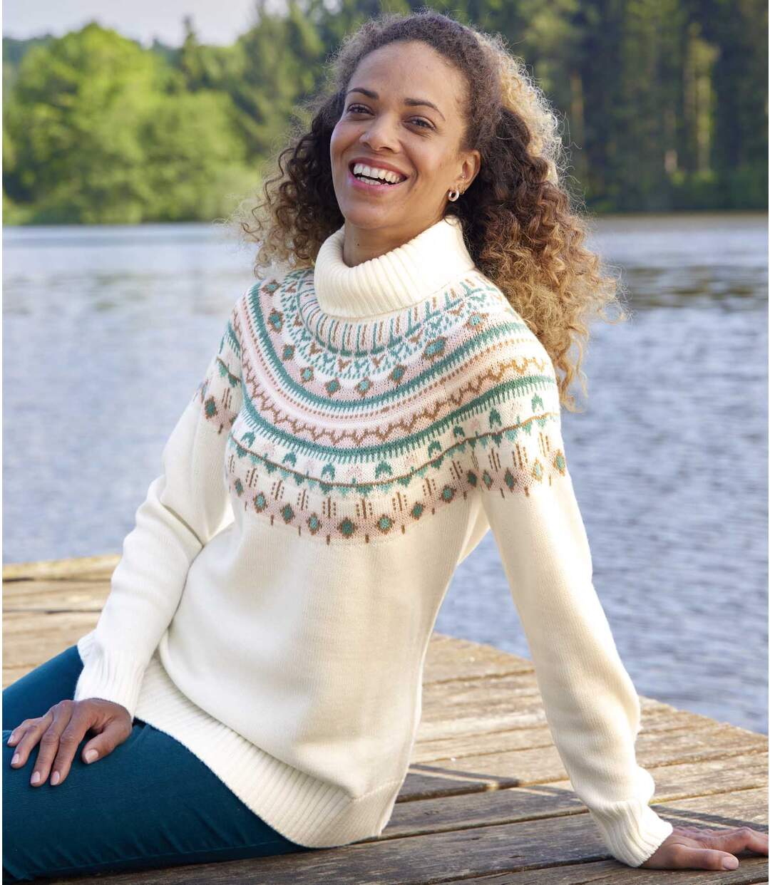 Pull Tricot Col Roulé Motifs Jacquard