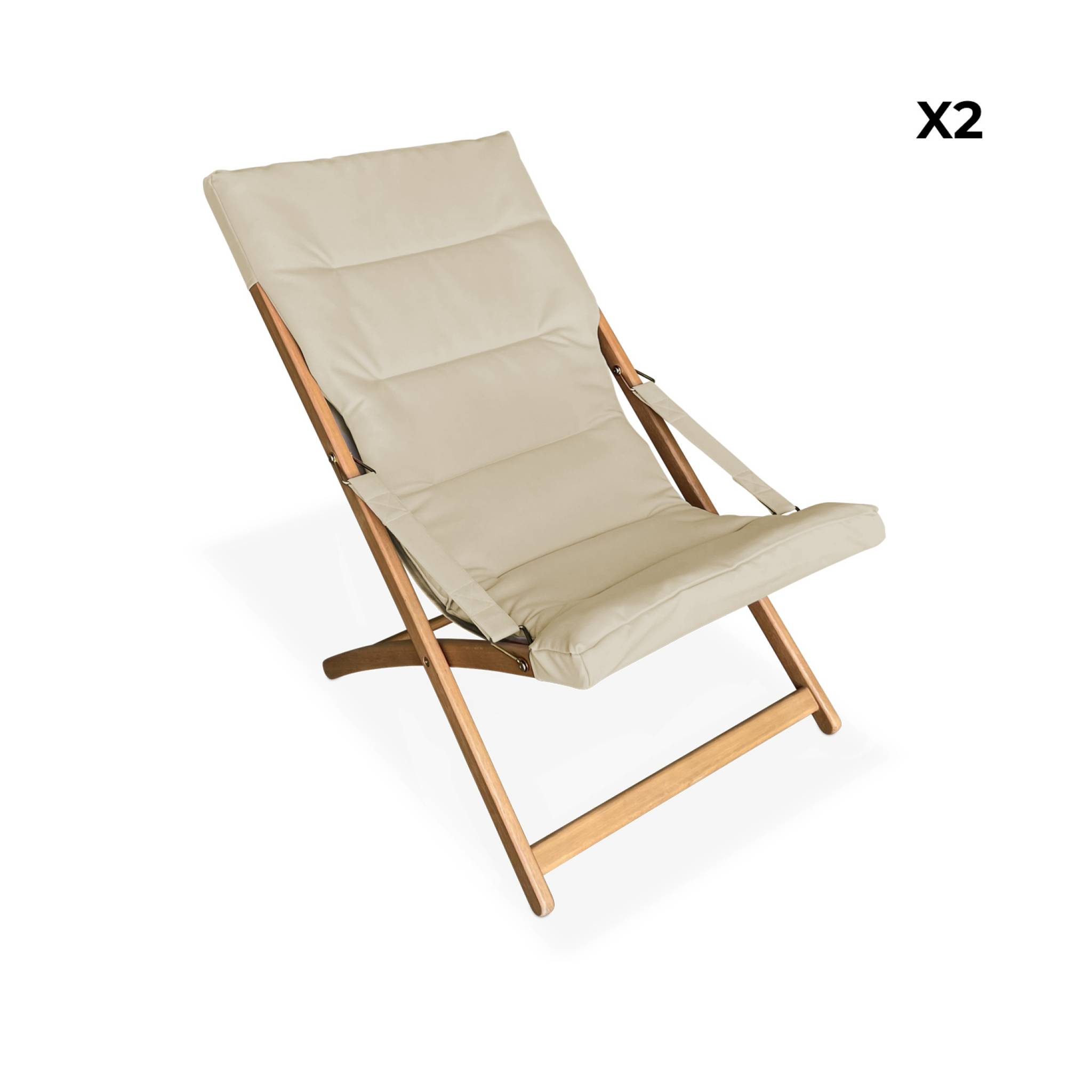 Lot de 2 chiliennes beige en bois. Pliables. Assise rembourrée