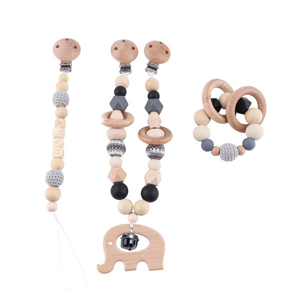 (3-tlg. Set) Holz Nuggiband Kinderwagen Schnullerkette   Baby Spielzeug - Elefant