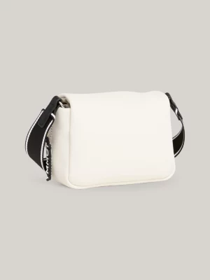 Bolsa transversal pequena com aba e logotipo