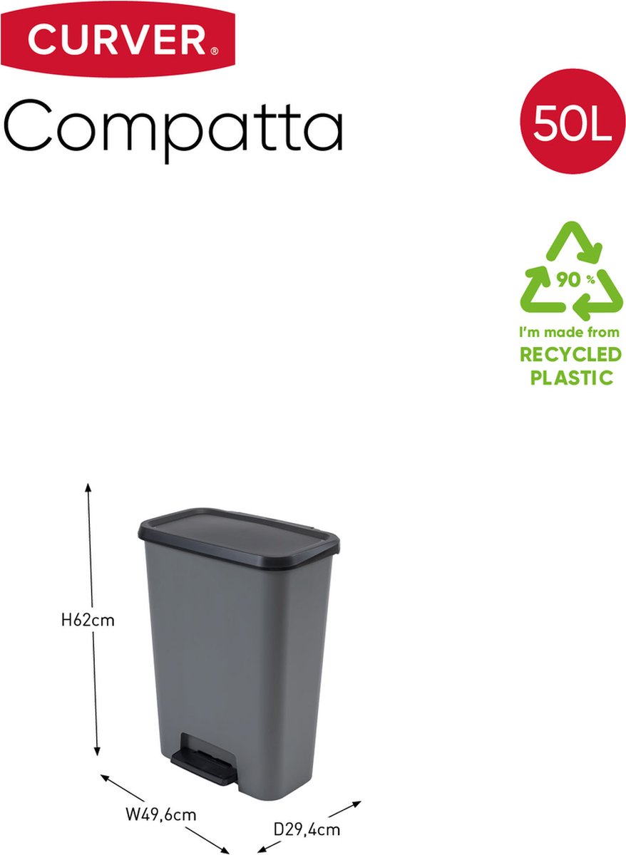 Curver Compatta 50 liter prullenbak - Grijs/Zwart