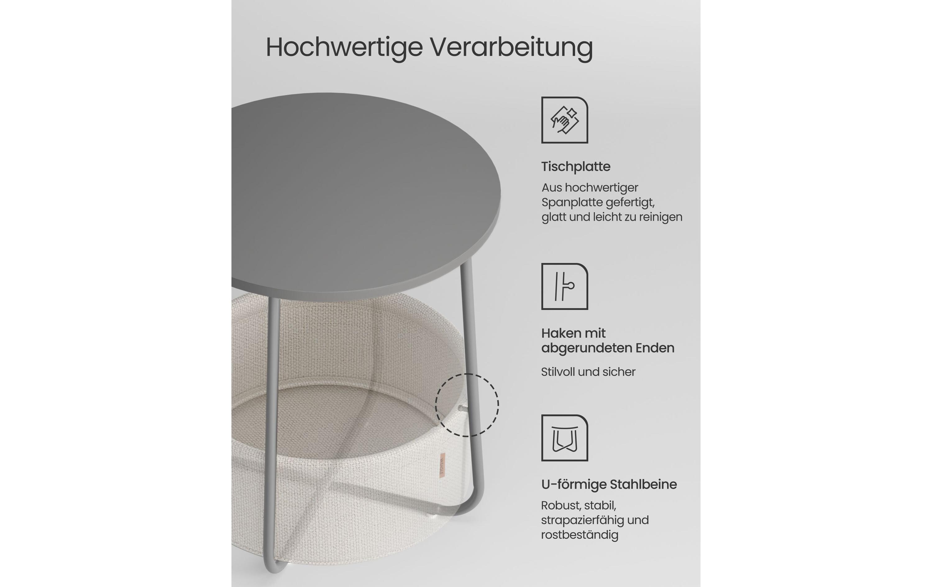 Beistelltisch 45 x 51 cm, Grau / BeigeCouchtisch mit Ablage und Korb