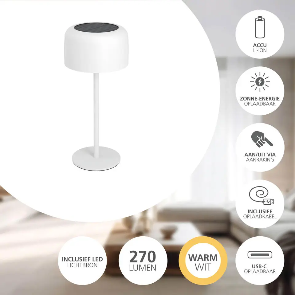 EGLO Roccanova Tafellamp - Solar - 30 cm - Wit - Oplaadbaar
