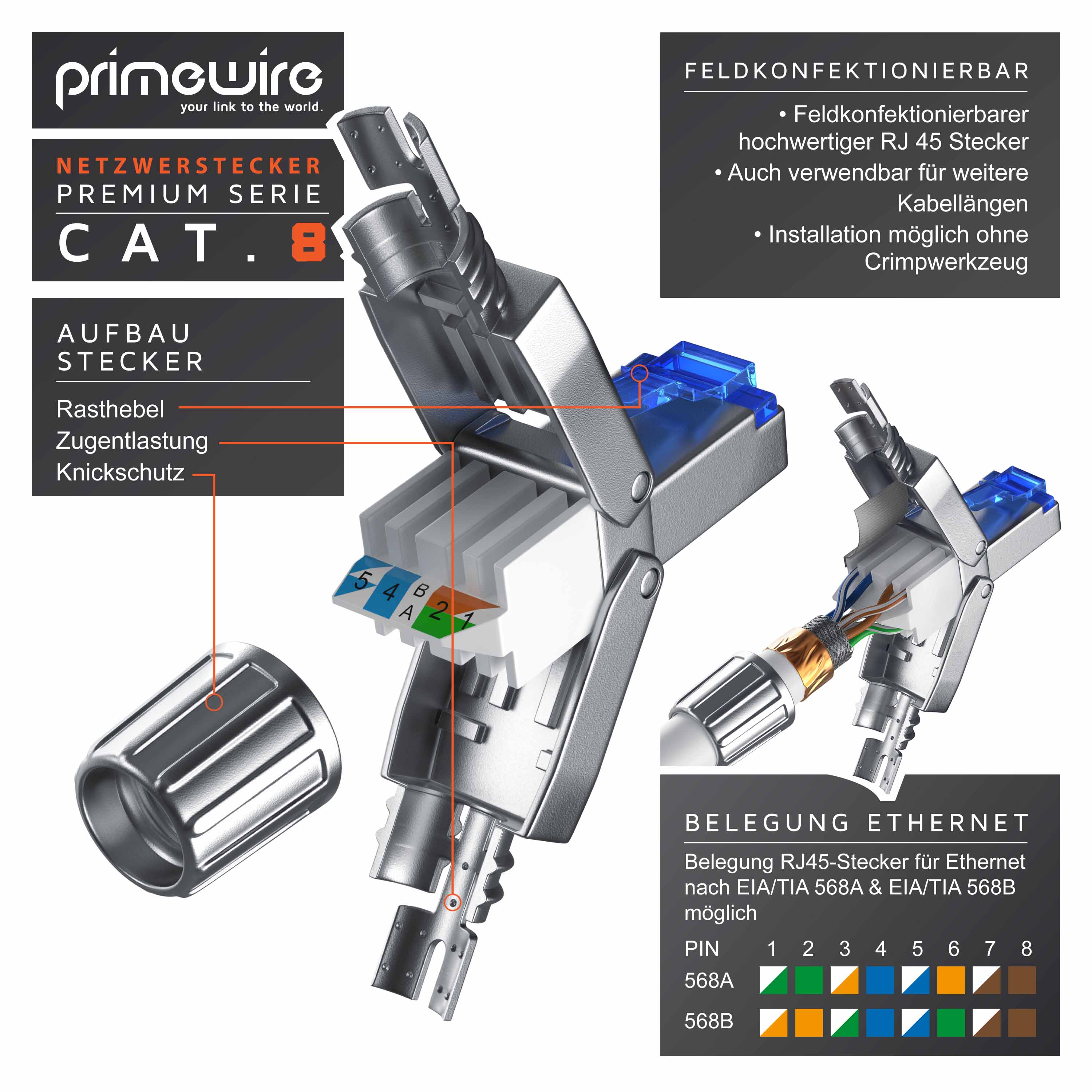 Primewire 10x Netzwerk-Adapter RJ-45 (Ethernet) zu Netzwerkkabel, Netzwerkstecker RJ45 CAT 8 - Gigabit Ethernet LAN Kabel - 40 Gbit/s, silber