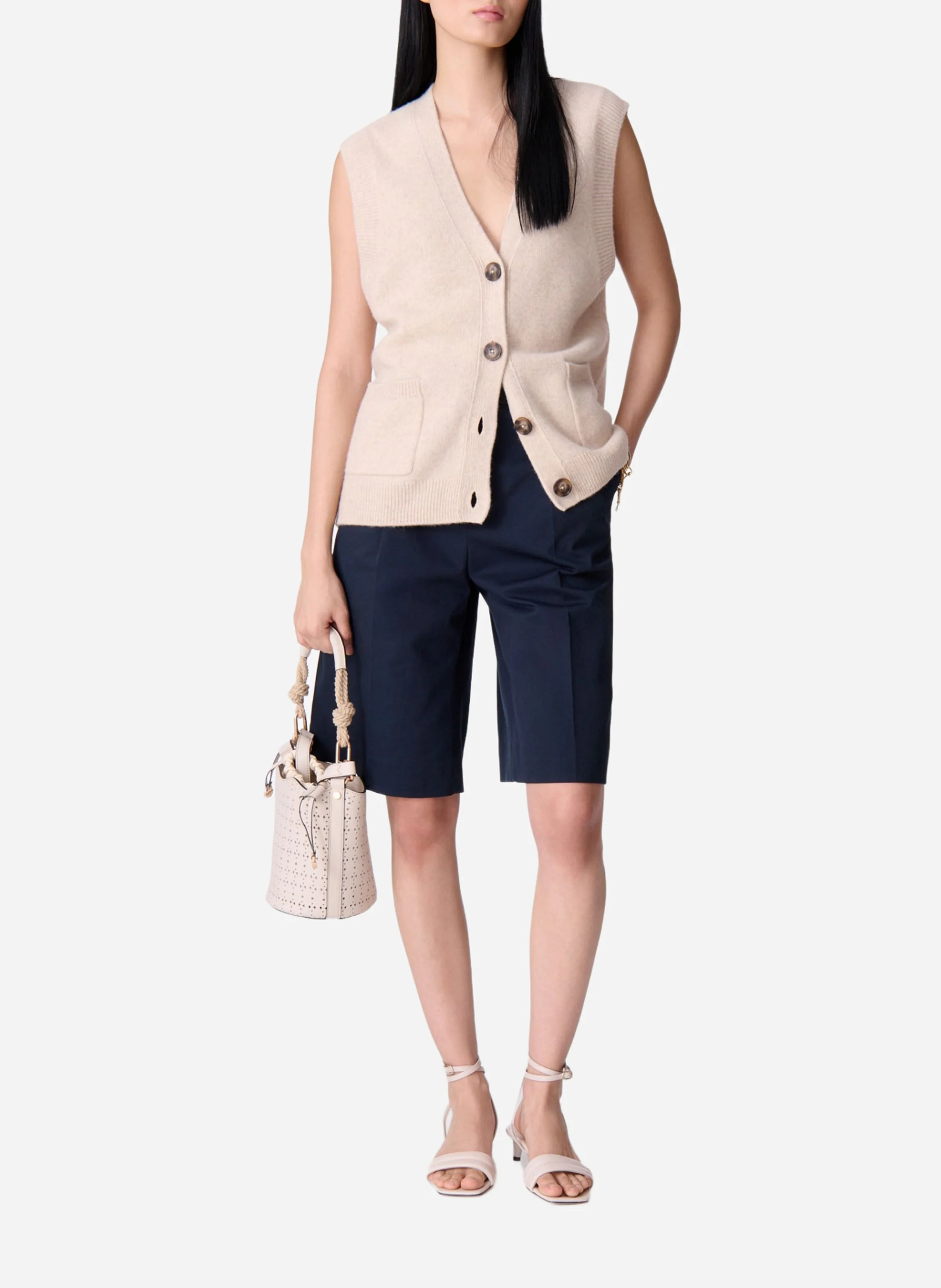 DASHLEY - Gilet droit col V en laine | Blanc