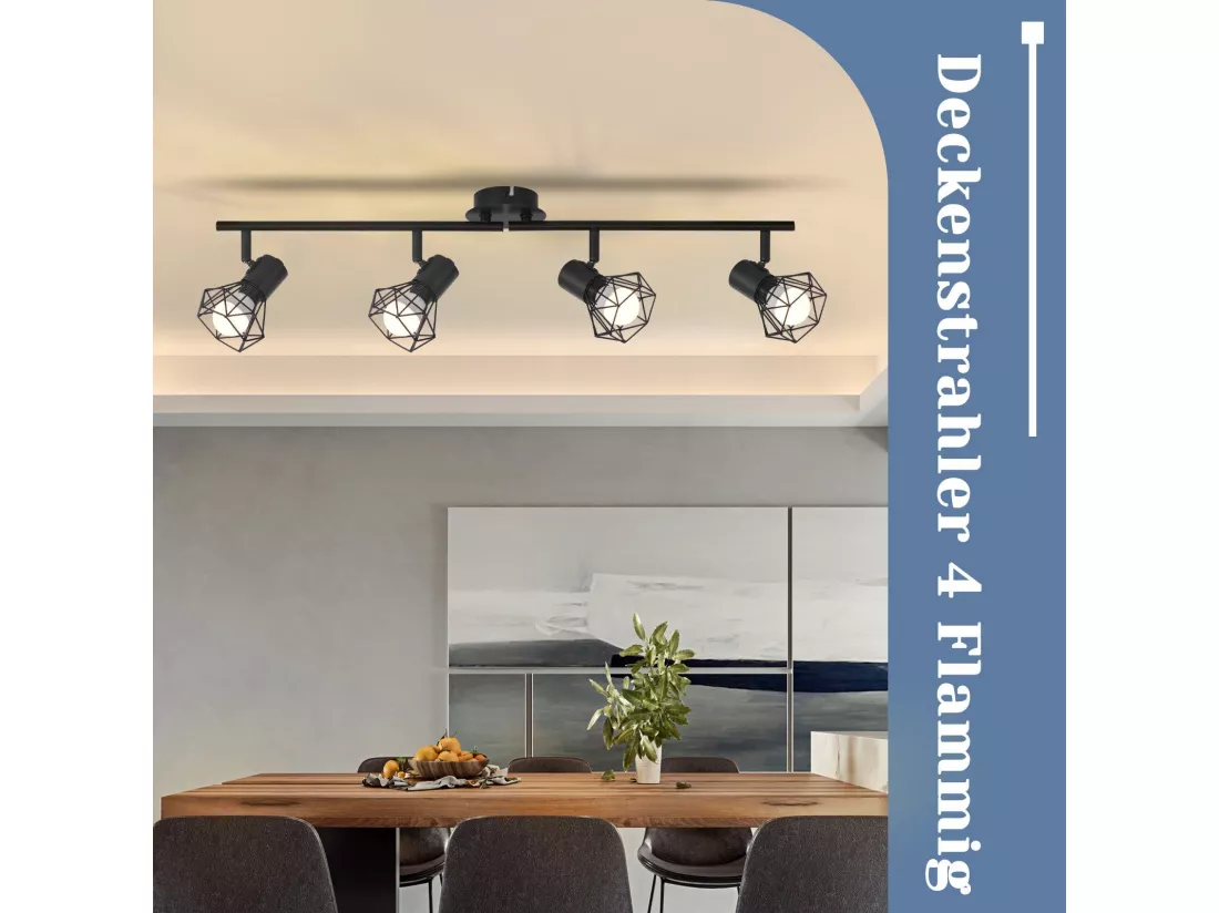 NETTLIFE 4 Spots de Plafond Noir Vintage Rétro E14 Industriel Pivotants à 350°Métal Intérieur pour Salon Chambre d'enfant Cuisine