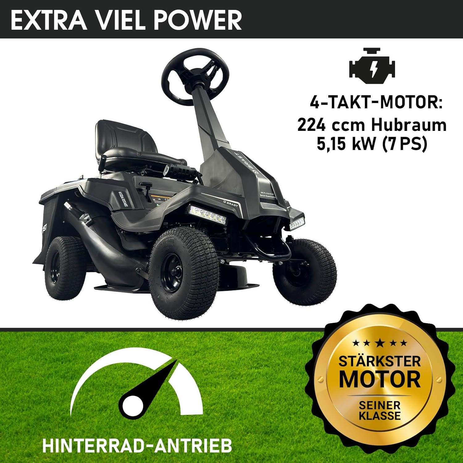 BRAST® Rasentraktor Benzin Aufsitzmäher | 5,15kW(7PS) | Elektrostart | XXL Schnittbreite 61cm | TÜV geprüft | Variable Geschwindigkeit | 150L Fangkorb | für mittlere bis große Rasenflächen