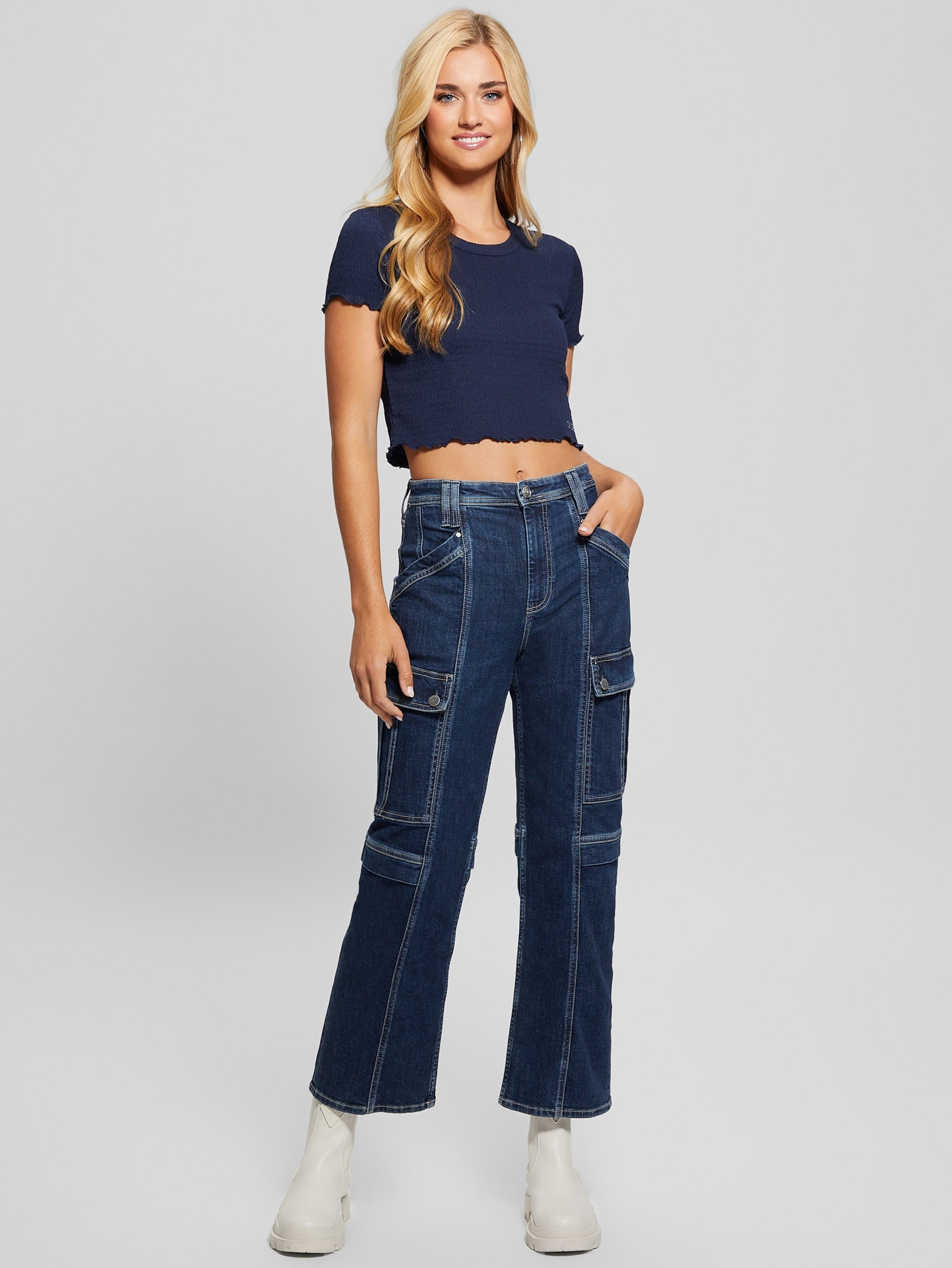 Calças cargo em jeans ecológicas dos anos 80