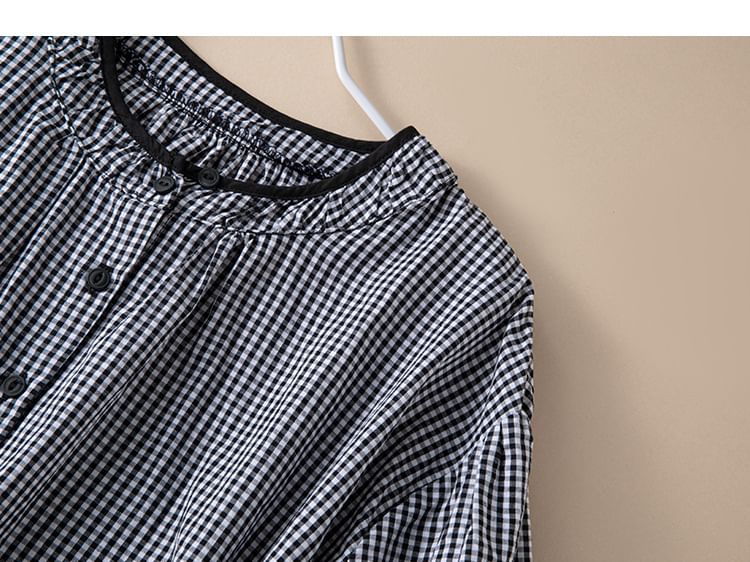YARU - Blouse met pofmouwen, ruitmotief en knopen