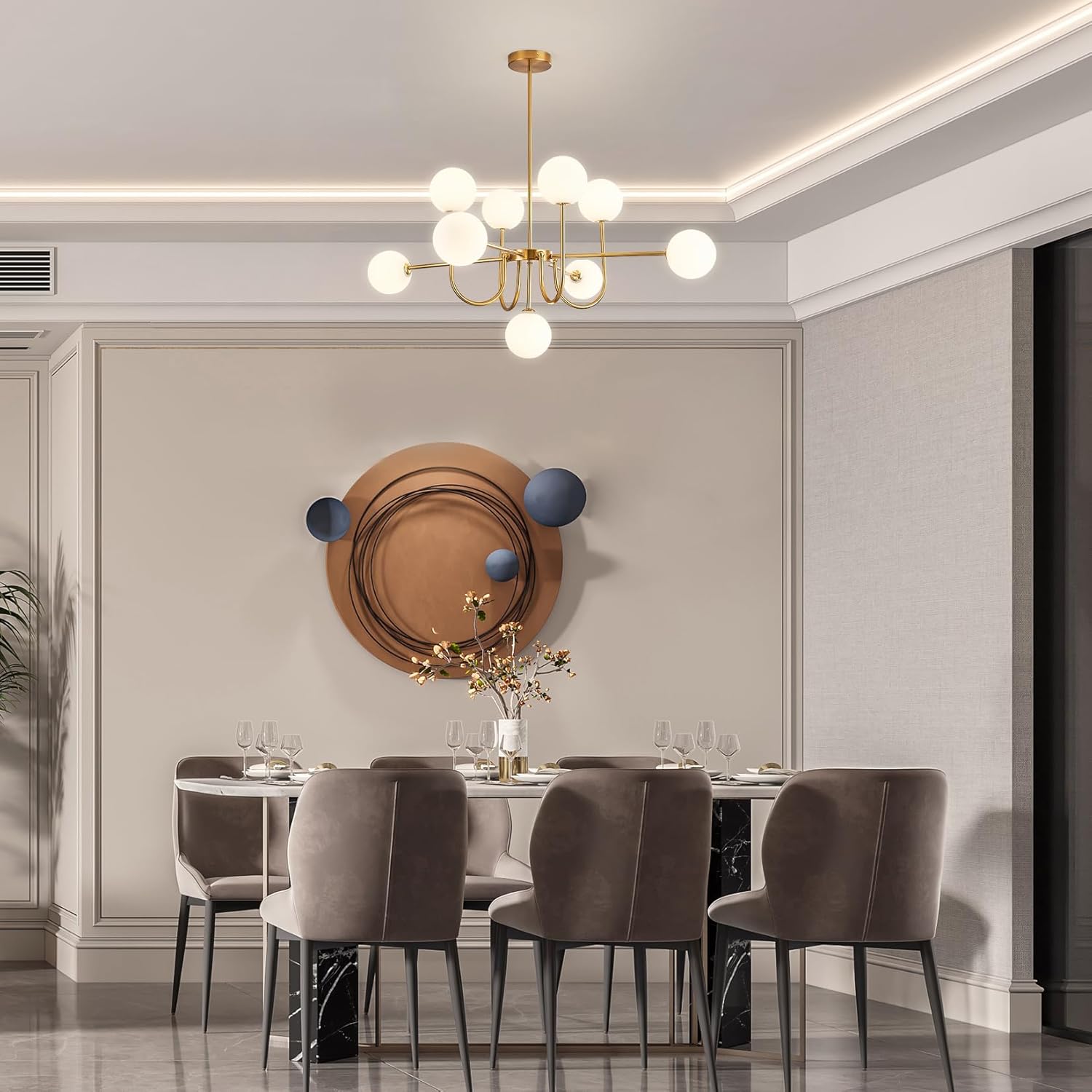 Moderne Sputnik Kronleuchter mit 9 weißen Glaskugeln, Gold Deckenleuchte, Vintage Pendelleuchte, halb eingebaute Deckenlampe für Wohnzimmer Schlafzimmer Küche und Esszimmer