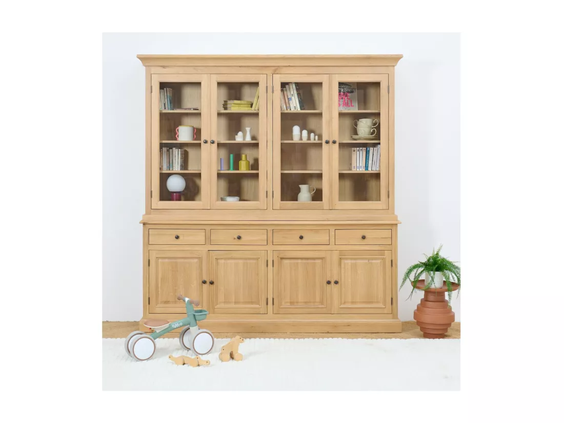Buffet vaisselier en chêne 4 portes vitrées 4 tiroirs 4 portes bois - VICTORIA