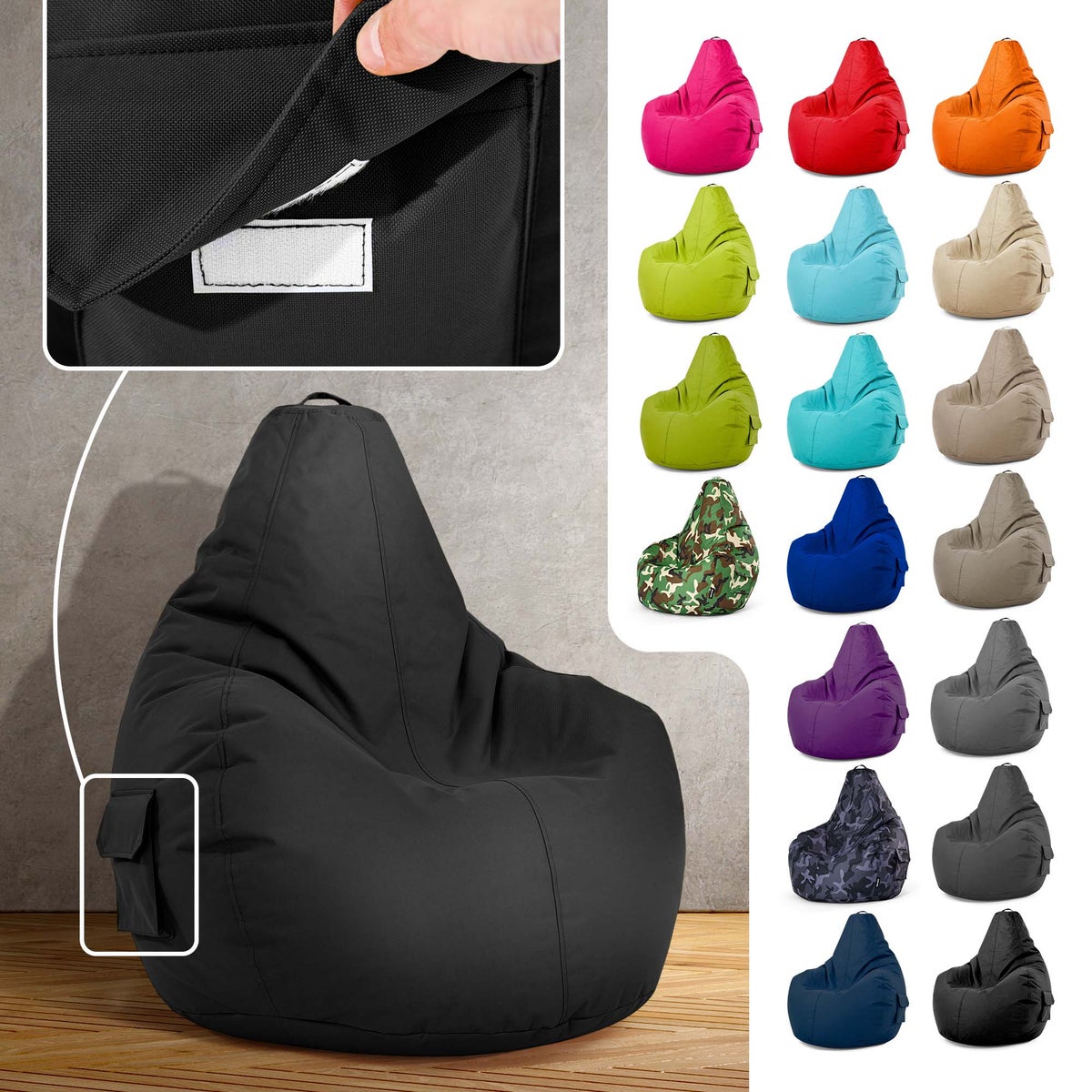 Green Bean Zitzak met rugleuning 80x70x90cm - Gaming stoel met 230L vulling, comfortabel, zacht, wasbaar - Zitzak vloerkussen, loungestoel, voetenbank, relaxstoel, gamer gaming stoel, zwart