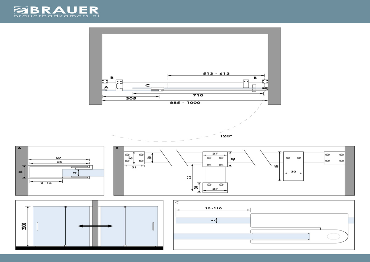 Brauer Stellar nisdeur met vaste wand 88.5-100cm zwart mat