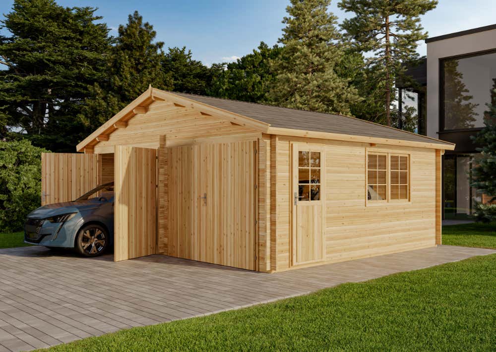 Alpholz Dubbele Garage D, Houten Garage, Carport met 40 mm Wanddikte, Prefab Garage, Natuurlijke Afwerking, 6x5,3m