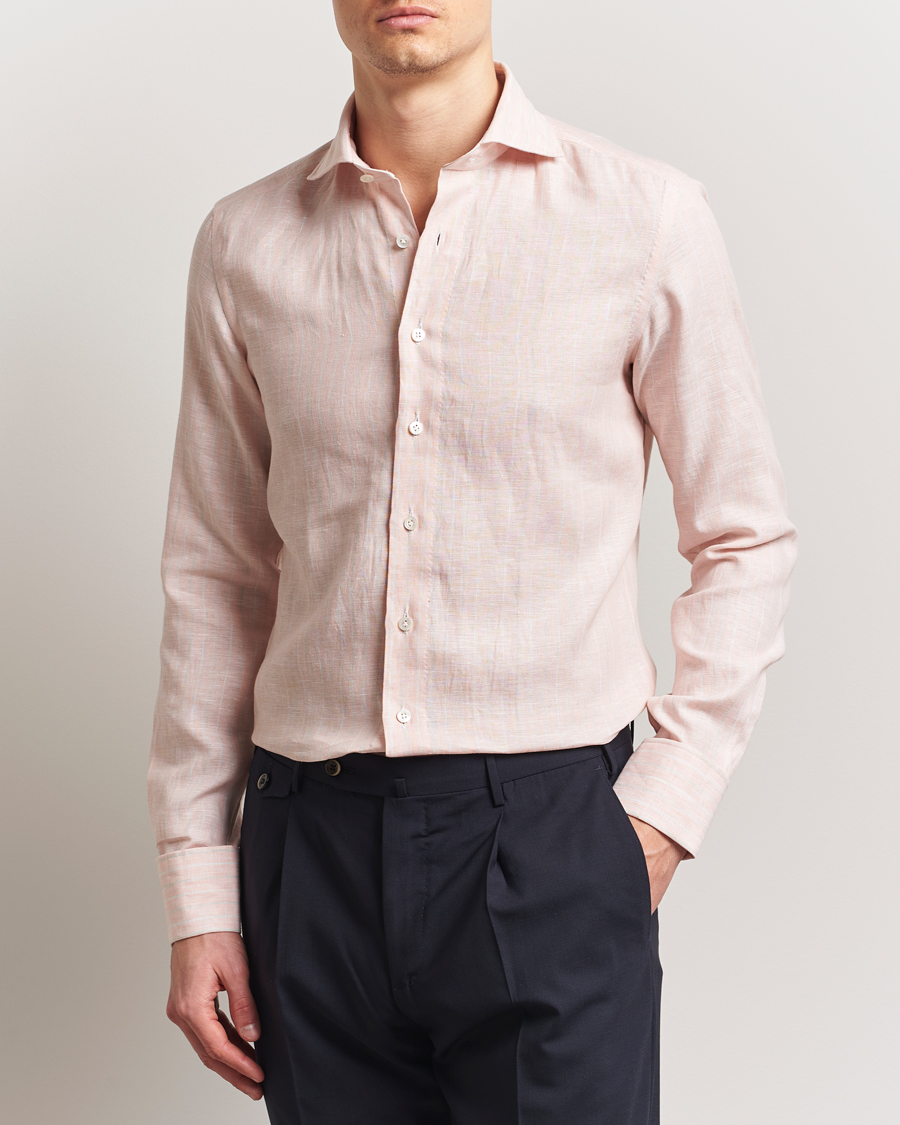 100Hands Cut Away Double Cuff Striped Linen Shirt Pink