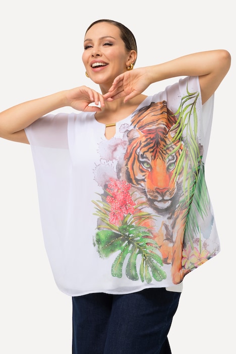 Bluse, Tiger, doppellagig, Rundhals, Halbarm
