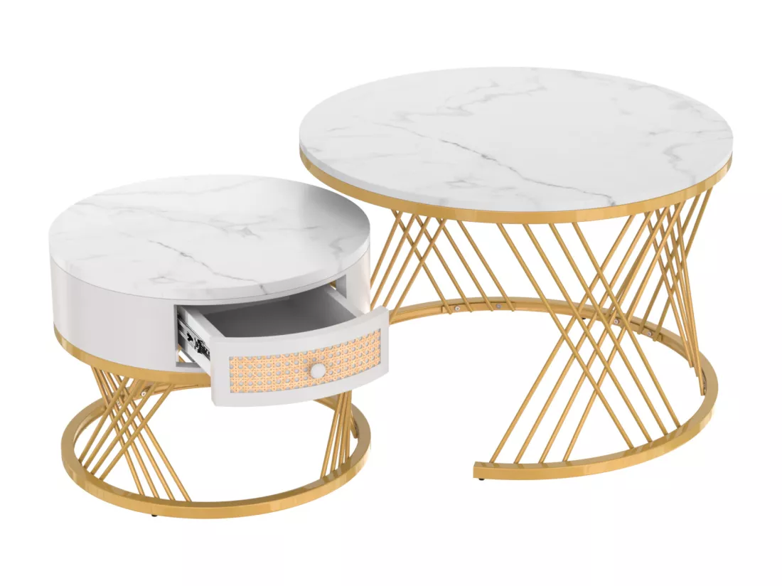 Lot de 2 table basse gigogne ronde, table d'appoint avec plateau en marbre et tiroirs en rotin, pieds en fer dorés - 70x70x45, 5+50x50x38, 5cm blanc