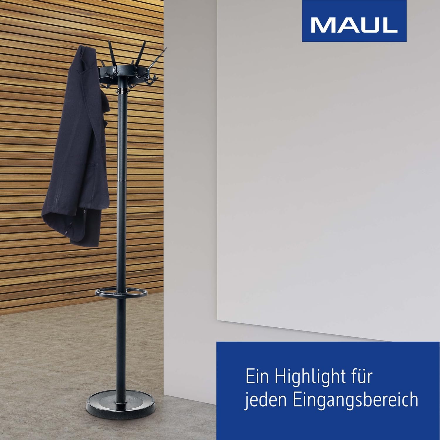 MAUL Garderobenständer MAULcaligo | hochwertige und stabile Standgarderobe für den Eingangsbereich oder Empfangsräume | edler Kleiderständer aus Stahl für permanente Belastung | Schwarz