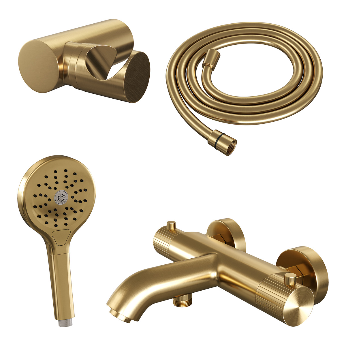 Brauer Stripe thermostatische badkraan met wandhouder en 3 standen handdouche messing geborsteld PVD