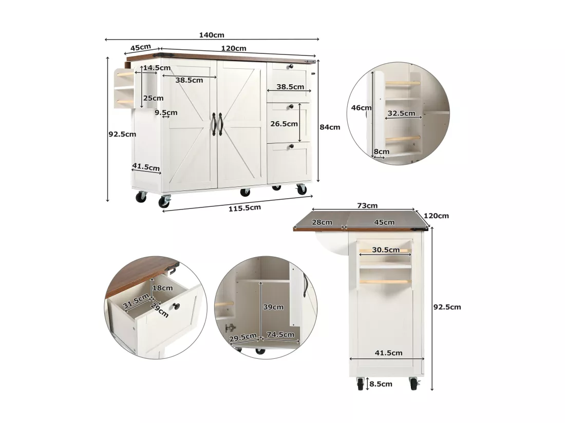 Ilot central de cuisine - avec plateau escamotable - 2 portes et 3 tiroirs - Beige