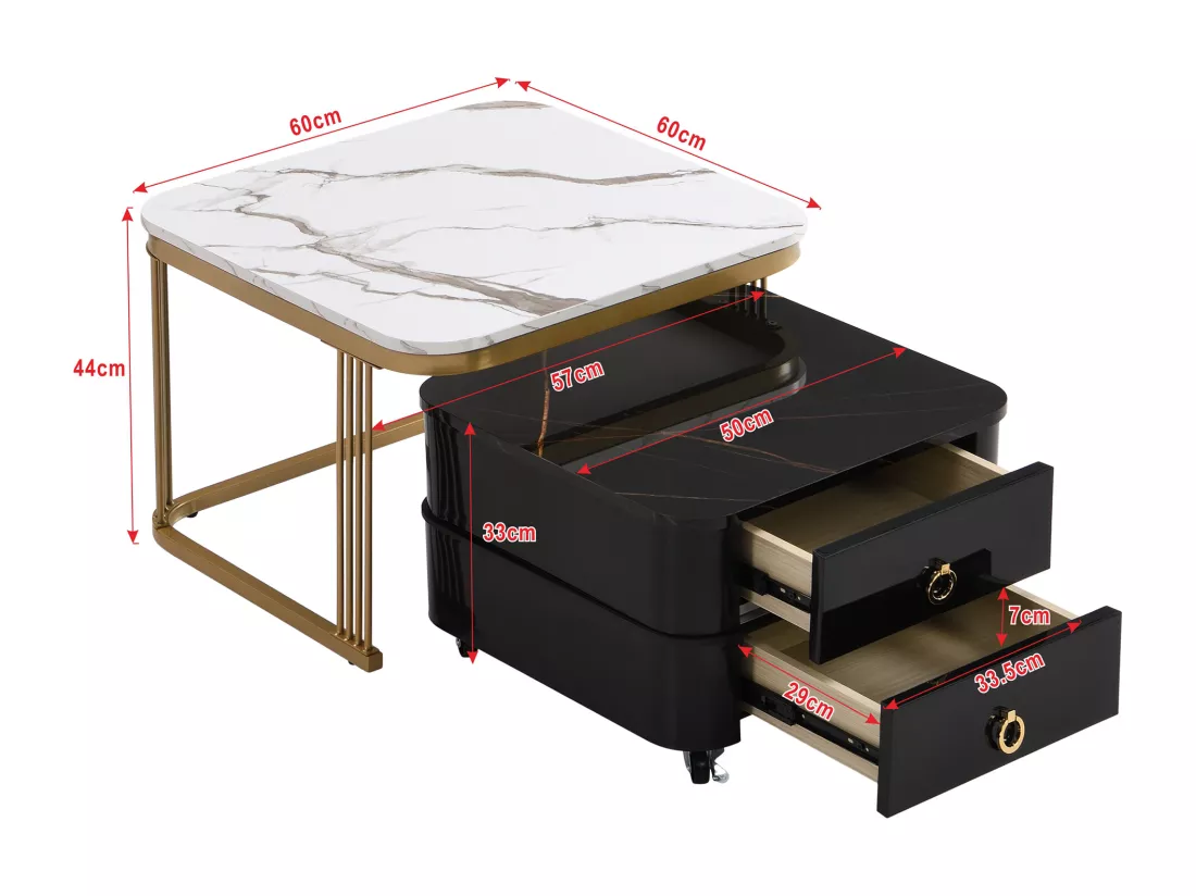 Lot de 2 tables basses gigognes avec 2 tiroirs - plateau en MDF à motif de marbre - Blanc