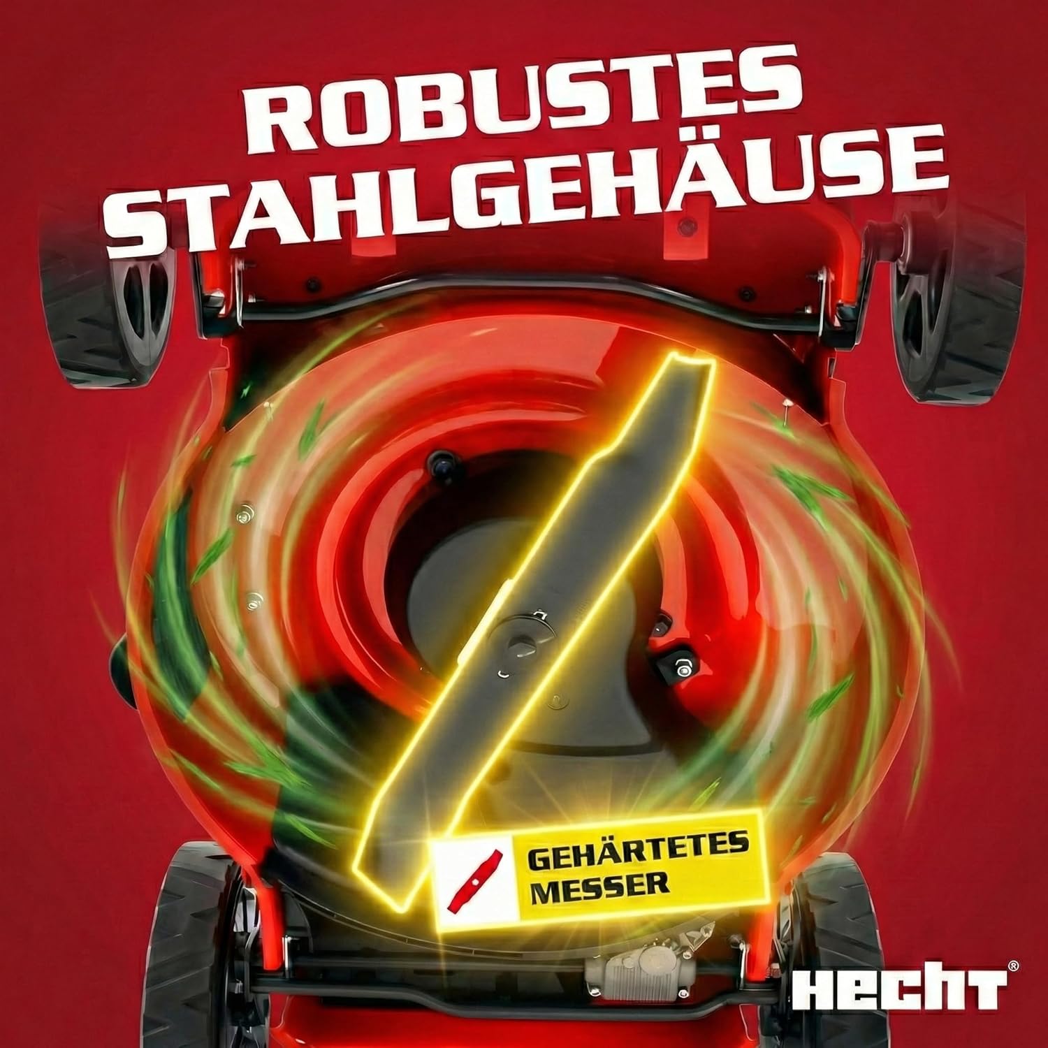 HECHT 5IN1 Rasenmäher Benzin – Bequemer Selbstantrieb - Für Flächen bis 1000 m² - Starker 4 Takt Motor mit 46 cm Schnittbreite – Radantrieb – Mulchfunktion – Seitenauswurf - Rasenmäher Benzin