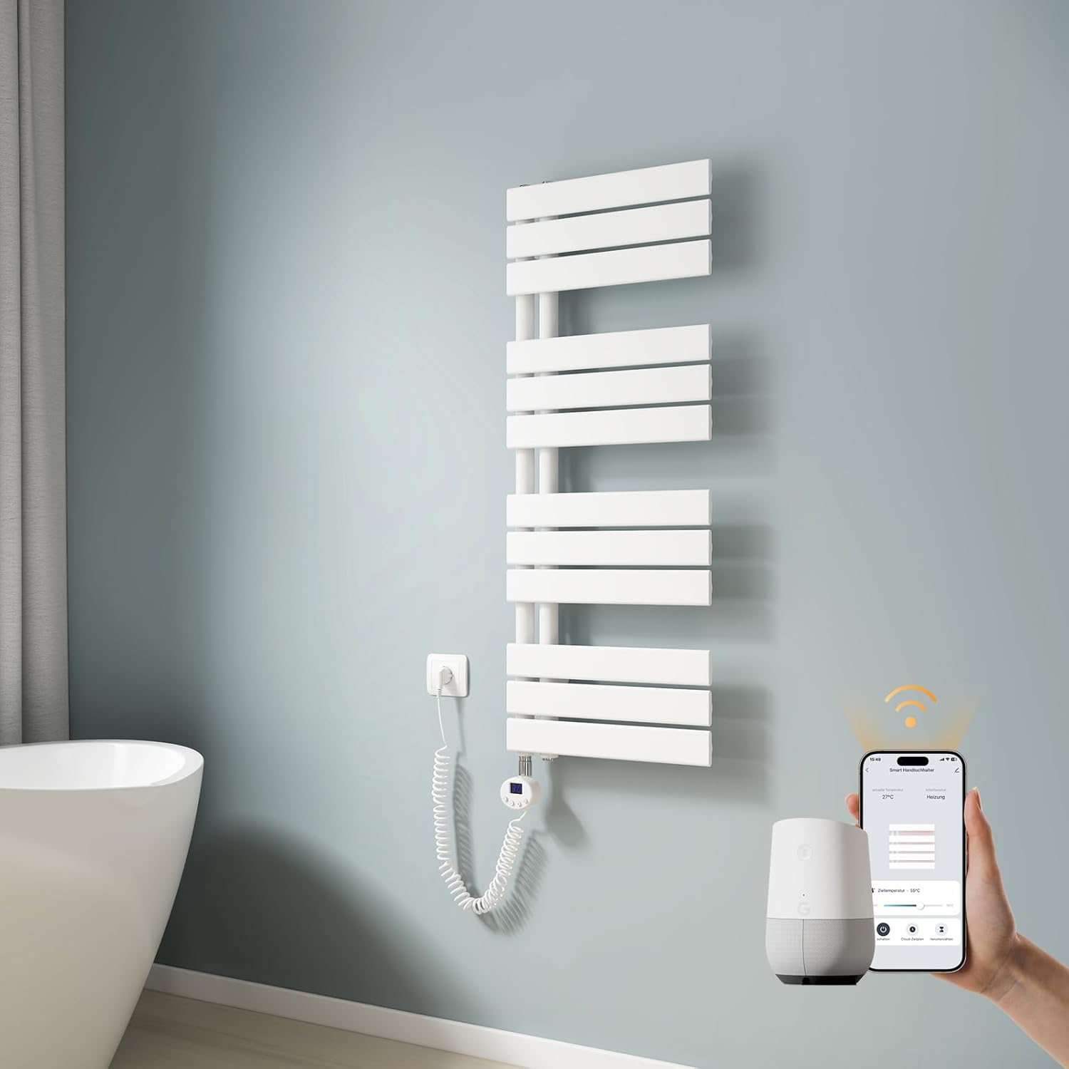 EMKE WLAN Handtuchheizkörper Elektrisch 1041x400 mm, Flach Badheizkörper Handtuchhalter Elektrisch, Elektrischer Handtuchwärmer Handtuchtrockner Handtuchheizung mit Thermostat und Heizstab, 400W Weiß