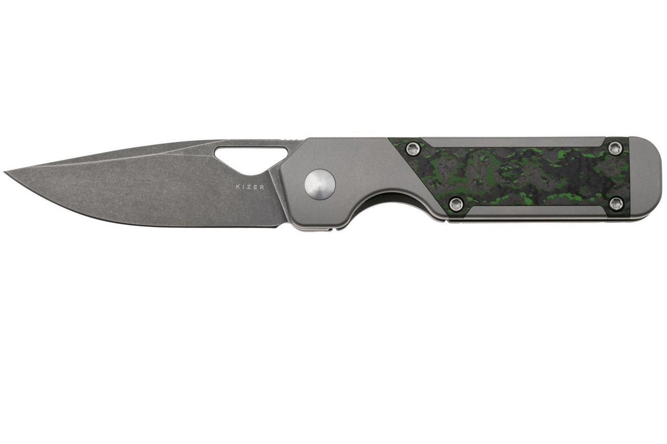 Kizer Mini Militaw, Ki3634SA2 Frame Lock, Blackwashed S45VN, Grey Titanium, Jungle Wear Fat Carbon Inlay, zakmes, Jonathan Styles design