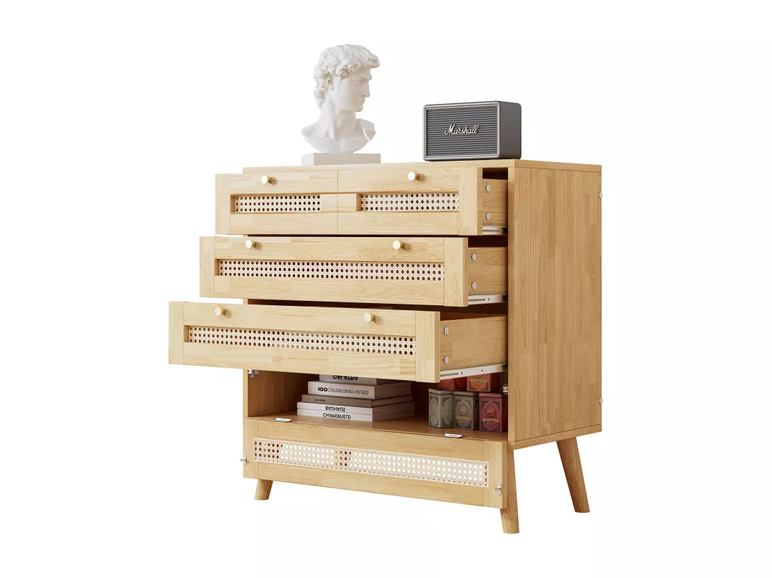 Commode avec 3 tiroirs et 1 compartiment abattant - en bois et rotin - Naturel