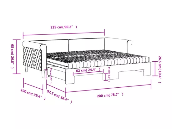 Lit de jour avec gigogne et matelas rose 90x200 cm velours