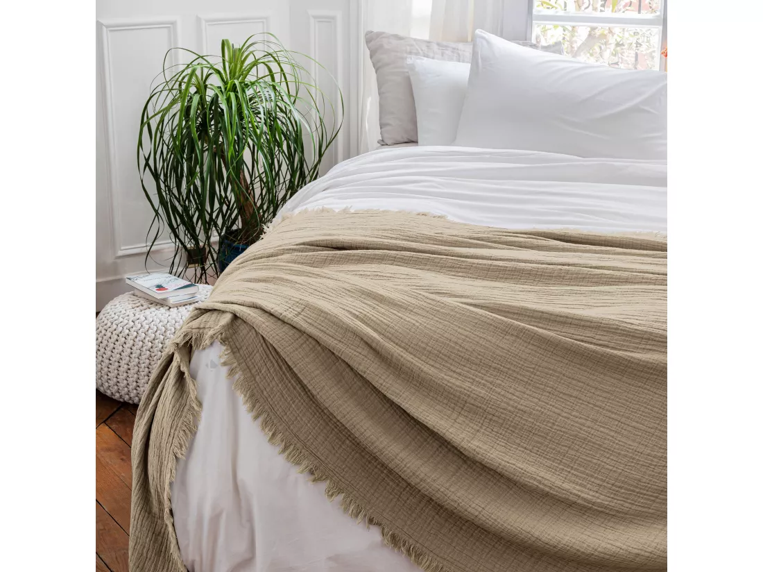 Dessus de lit 230x250 cm BREHAT 100% gaze de coton marron galet