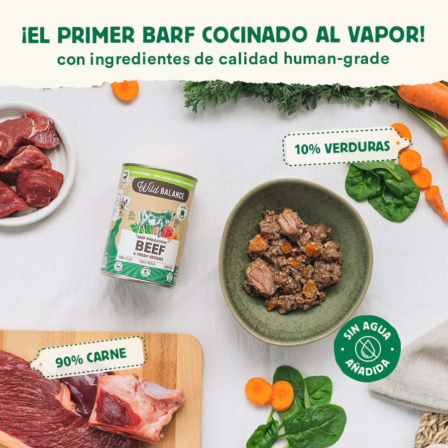 Ração Wild Balance BARF de 400g com carne bovina e vegetais para cães.