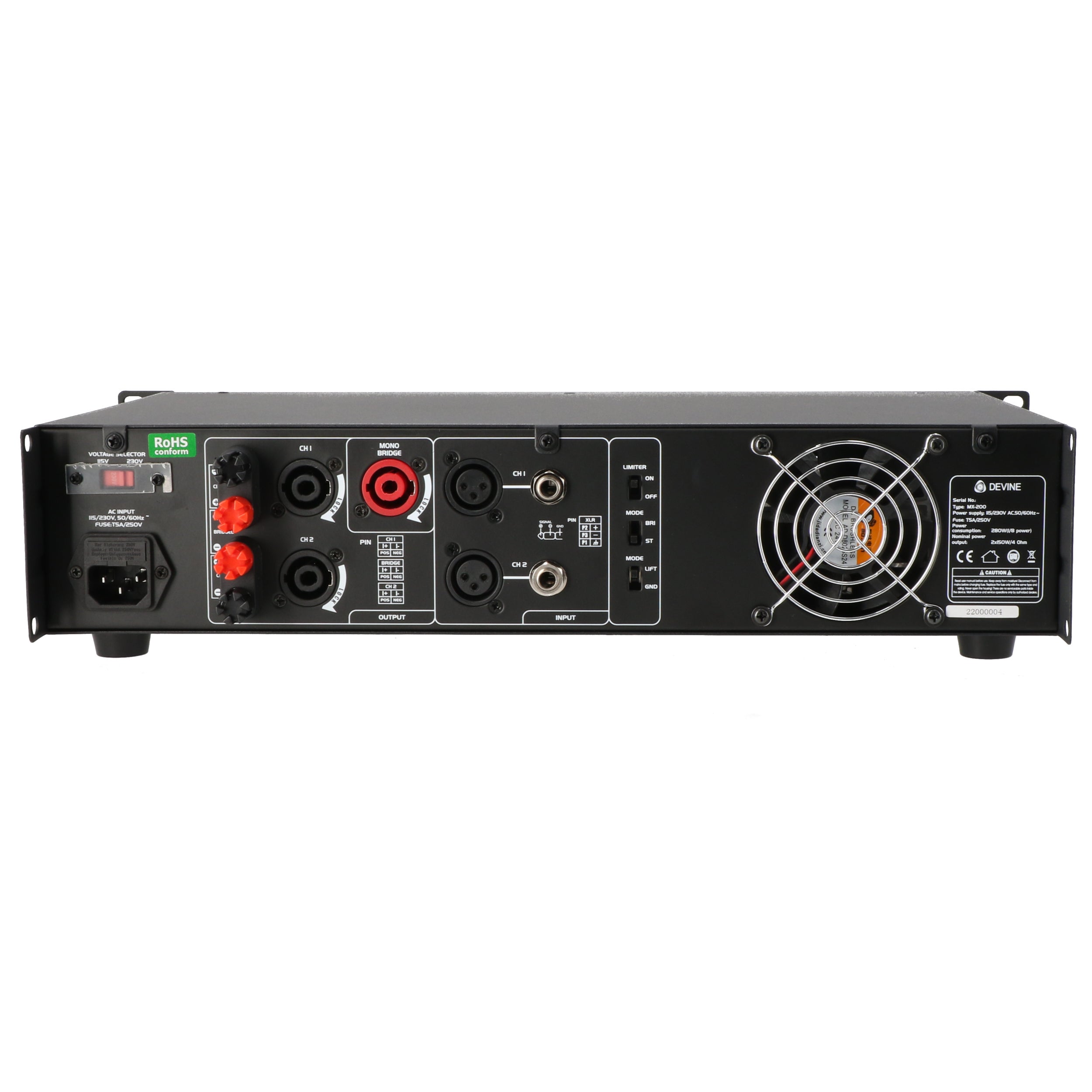 Devine MX-200 2-kanaals PA-eindversterker 2x 100W @ 8 Ohm