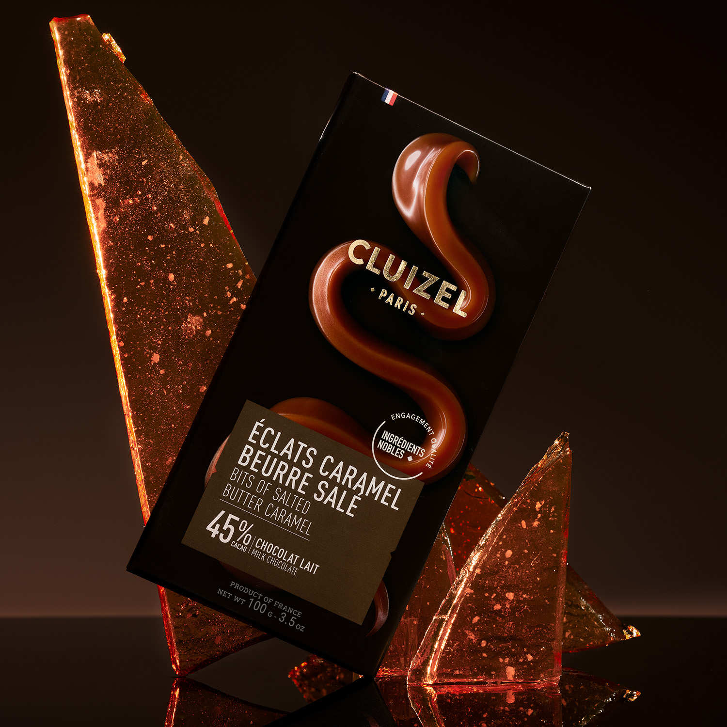 Tablette chocolat au lait 45% et éclats de caramel beurre salé
