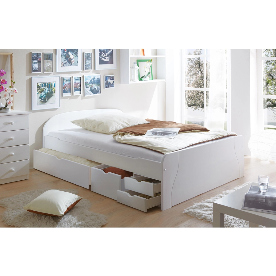 TICAA Doppelbett mit Schubkästen Erna Kiefer Weiß Weiß