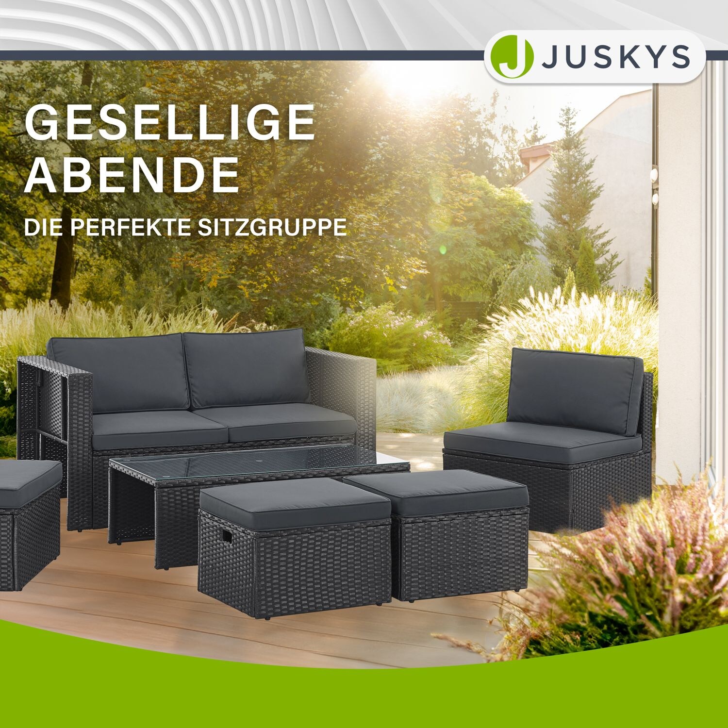 Juskys Polyrattan Gartenmöbel Set Salou - Outdoor Lounge für 6 Personen, wetterfest - Schwarz