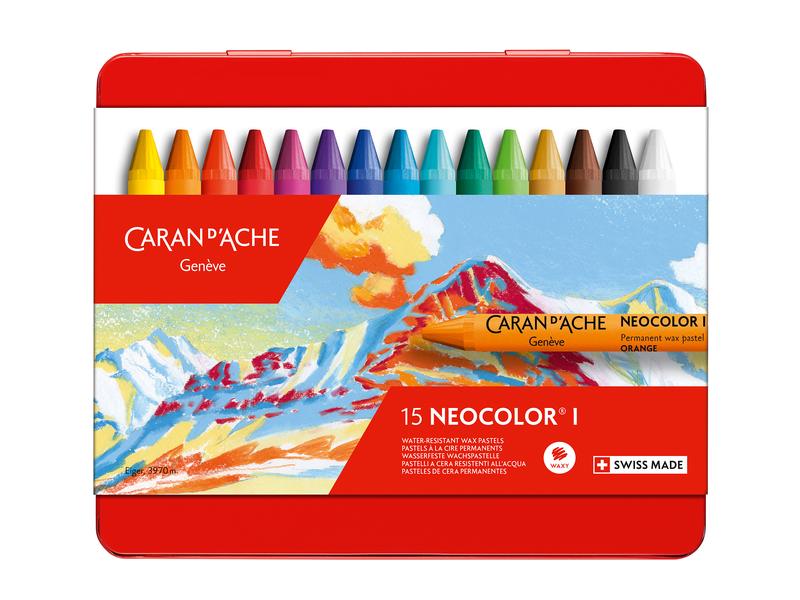 Caran d'Ache Wachsmalstifte Neocolor 1 wasserfest, 15 Stück Kreativ-Set mit wasserfesten Wachspastellen