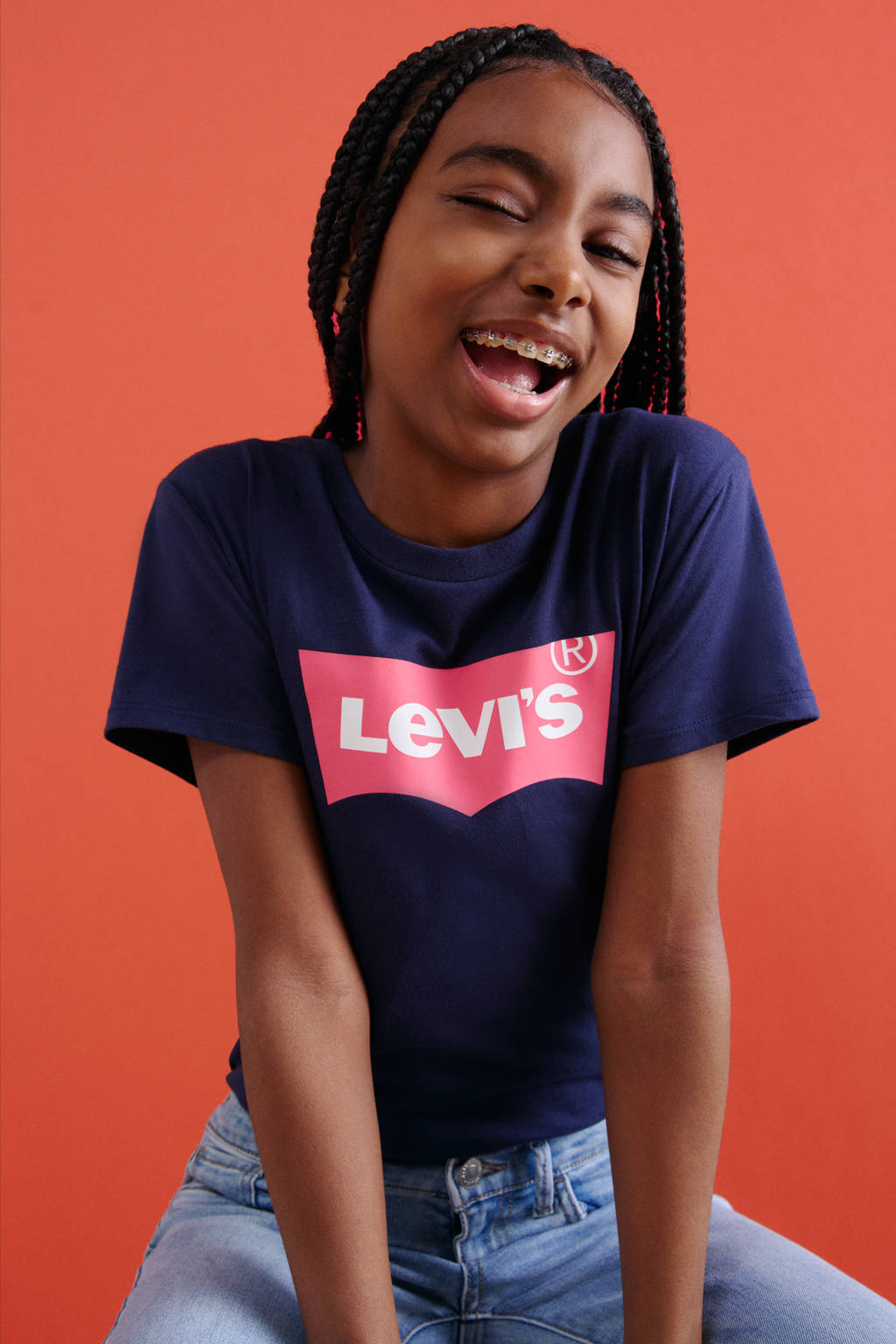 Levi's T-shirt BATWING met logo donkerblauw/roze