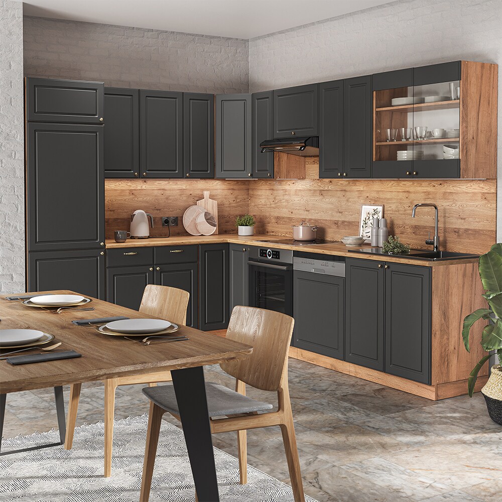 Vicco Eckküche Küchenzeile Einbauküche Fame-Line Landhaus Eiche Anthrazit Gold227x287 cm Spülenunterschrank Schubunterschrank Eckunterschrank Herdumbauschrank Hängeschrank Kühlumbauschrank