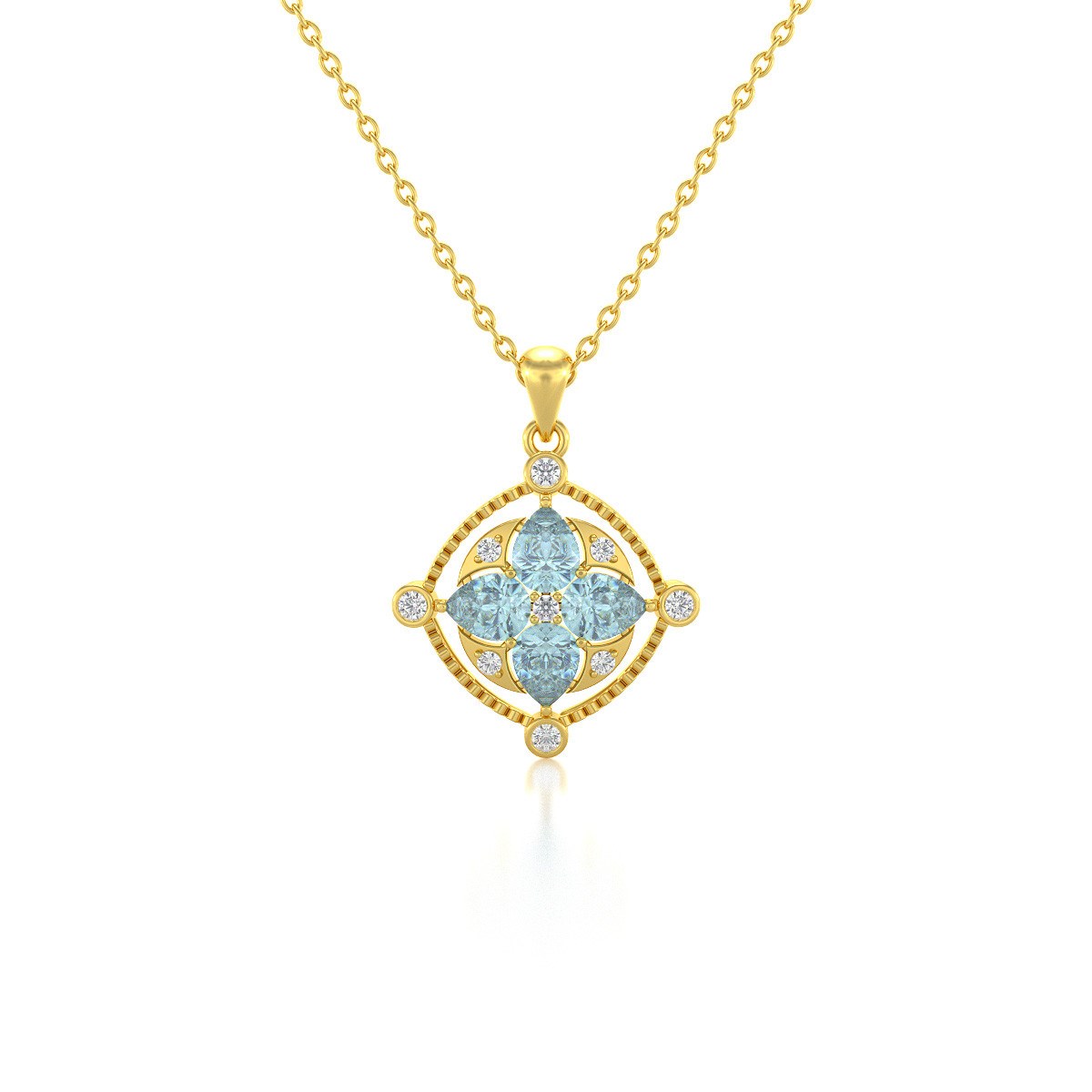 Collier Pendentif Or Jaune Médaillon Aigue-Marine et Diamants - Idée Cadeau Originale pour un Anniversaire de Mariage | Aden