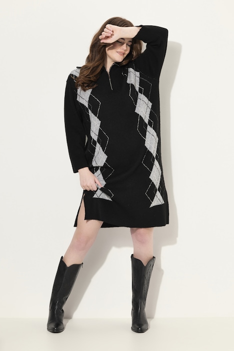 Strickkleid, Argyle-Muster, Troyerkragen, Langarm