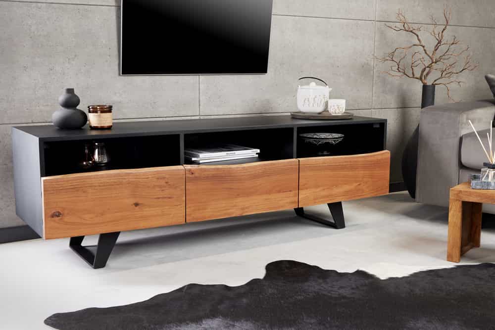 Industrial Design TV-Board ORGANIC ARTWORK 140cm Akazie Massivholz Eisengestell