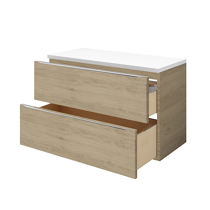 Ensemble l.100 cm meuble sous vasque Imandra marron à suspendre + plan de toilette Marloes aggloméré blanc brillant