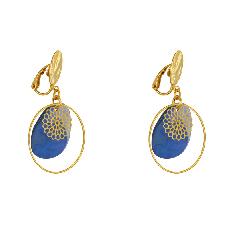 Boucles d'Oreilles Clip Métal Doré Cercle et Pastille de Nacre