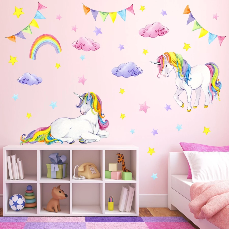 Nikima Wandtattoo 072 Wandtattoo Einhorn bunt Regenbogen Kinderzimmer Baby Mädchen bunt