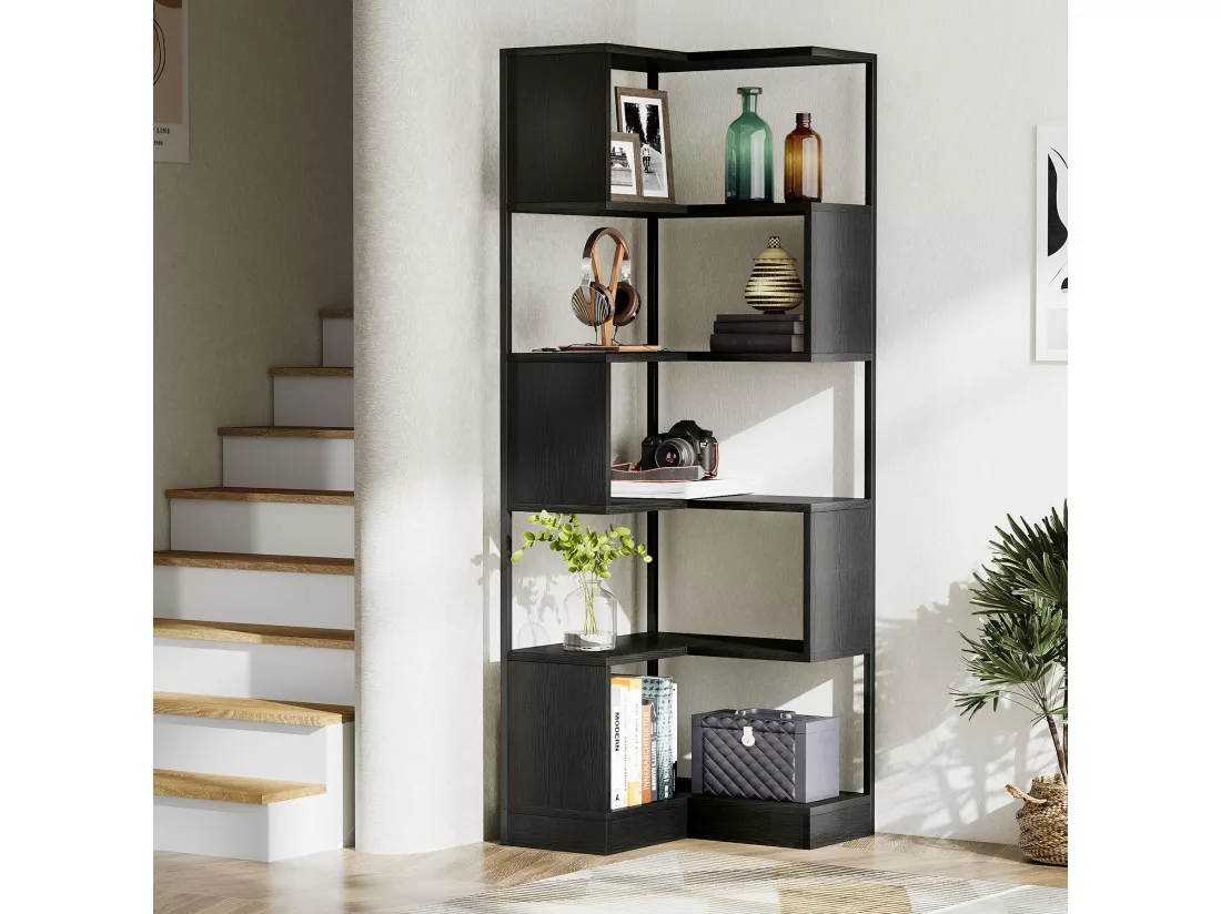 Tribesigns Bibliothèque d'angle 180 cm, bibliothèque sur Pied à 6 Niveaux, Grande étagère d'angle avec Cadre en métal pour Le Salon et Le Bureau à Domicile, Noir